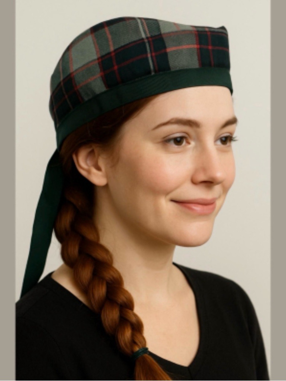 VTG SCOTTISH KILMARNOCK TARTAN CAP GREEN PLAID HUNTING TARTAN W GROSGRAIN TRIM